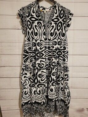 Umgee Two Tone Border Print Ruffle Cap Sleeve Midi Dress Medium